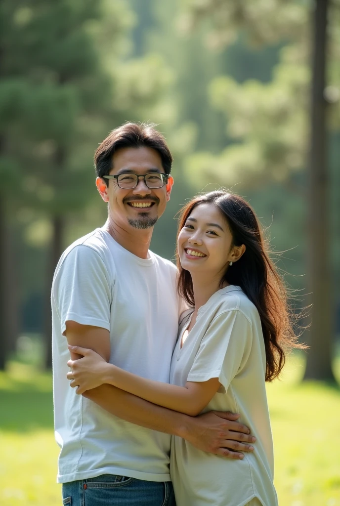 Asian couple in the park，Happy expression，Behind is a pine forest，sunny，front，Fujifilm lenses