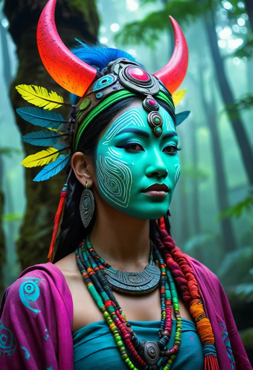 A high-resolution brightly lit photorealistic photograph of a cyberpunk tech wear shaman wearing shamanic ornaments and face mask tribals with tribal clothings and colourfull masks in uv green and blue with criptic signs glowing on the fabric standing by an ancient rain forest temple ruins glowing with criptic symbols of tribals and alienish paterns on the tree trunks glowing in uv red and pink turquoise blue and green colours smog and misty fog in the atmosphere uv glowing blury lightings on the path way lighting the whole aura broken ruins of ancient goddess skulptor glowing in uv colours a ceremony of the tribes The photograph is styled like a high-end lifestle Movie hdr32 k this orignal image octate render unreal lightings, highly detailed , photo realistic , unreal engine 5, depth of view, add noise, Effet de vent:1.9,Effets de nuage:1.2,Rendu complet,Encaustic painting,flammes, epic, dawn, dramatic lighting, dim light, bokeh, The photograph has a light bright happy feel. Use a high-resolution 16k camera with a 2:3 aspect ratio, a raw style, and a quality setting of 2 to capture this vibrant scene . 32k, full ultra hd, high resolution, photorealistic, natural lighting, ultra realistic photo, high quality, HDR, high resolution, smooth and delicate skin, noble and elegant, ultra-realistic photography vibe, shot with Canon camera, intricate details, 32k --ar 16:9 --s 750 --v 6.1