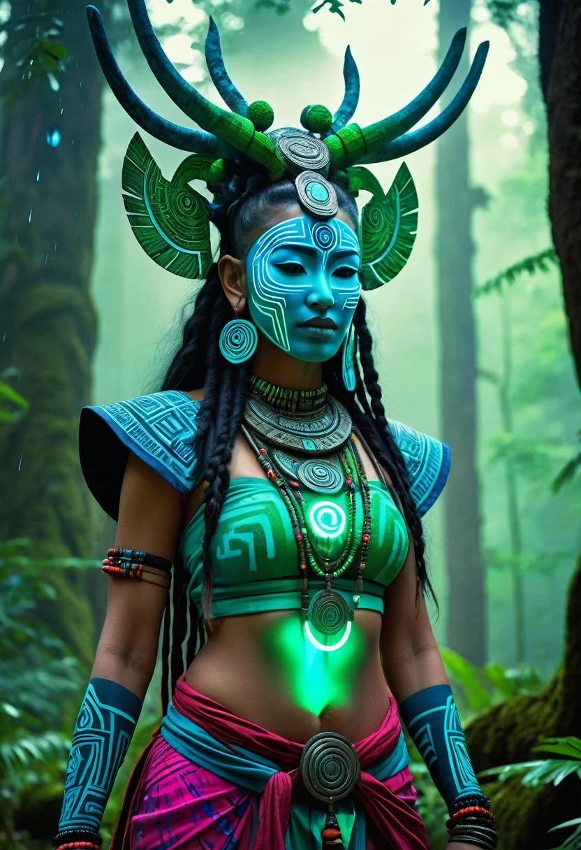 A high-resolution brightly lit photorealistic photograph of a cyberpunk tech wear shaman wearing shamanic ornaments and face mask tribals with tribal clothings and colourfull masks in uv green and blue with criptic signs glowing on the fabric standing by an ancient rain forest temple ruins glowing with criptic symbols of tribals and alienish paterns on the tree trunks glowing in uv red and pink  turquoise blue and green colours smog and misty fog in the atmosphere uv glowing blury lightings on the path way lighting the whole aura broken ruins of ancient goddess skulptor glowing in uv colours a ceremony of the tribes The photograph is styled like a high-end lifestle Movie hdr32 k this orignal image octate render unreal lightings, highly detailed , photo realistic , unreal engine 5, depth of view, add noise, Effet de vent：1.9，Effets de nuage：1.2，Rendu complet，Encaustic painting,flammes, epic, dawn, dramatic lighting, dim light, bokeh, The photograph has a light bright happy feel. Use a high-resolution 16k camera with a 2:3 aspect ratio, a raw style, and a quality setting of 2 to capture this vibrant scene . 32k, full ultra hd, high resolution, photorealistic, natural lighting, ultra realistic photo, high quality, HDR, high resolution, smooth and delicate skin, noble and elegant, ultra-realistic photography vibe, shot with Canon camera, intricate details, 32k --ar 16:9 --s 750 --v 6.1