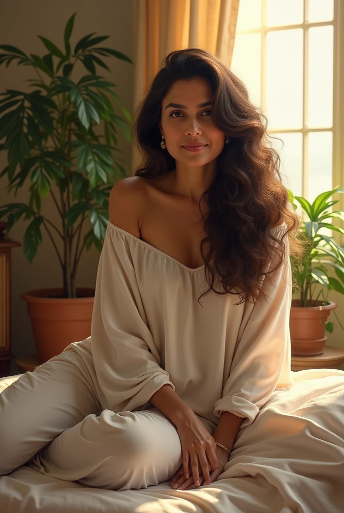 (photorealism:1.2), Bangladeshi pm sekh hasina, sitting on bed, wearing loose off-shoulder top, pajama pants, long curly hair, indoors, soft lighting, plants in background, window with sunlight, cozy room, relaxed pose, realistic, intricate details, warm colors, by Greg Rutkowski, by Alphonse Mucha