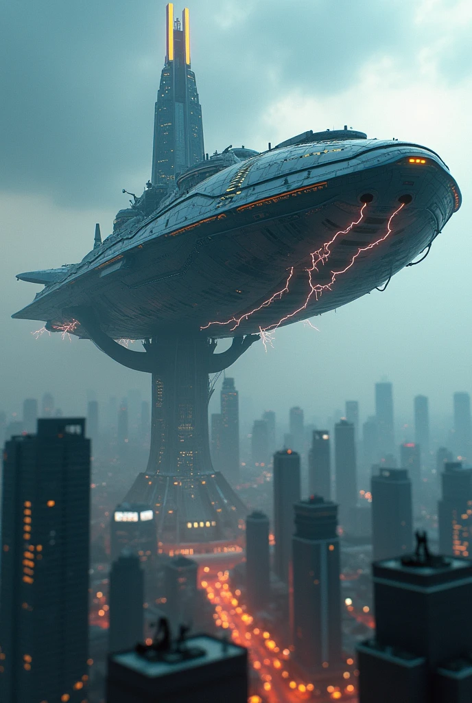 a detailed alien spacecraft, massive alien mothership, futuristic alien technology, alien attack laser beams, alien lightning strikes, tilt-shift photography, cityscape of KLCC, photorealistic, cinematic lighting, dramatic angles, hyperrealistic, intricate details, volumetric fog, dynamic composition, glowing energy effects, vibrant colors, science fiction, concept art style. At Kuala lumpur