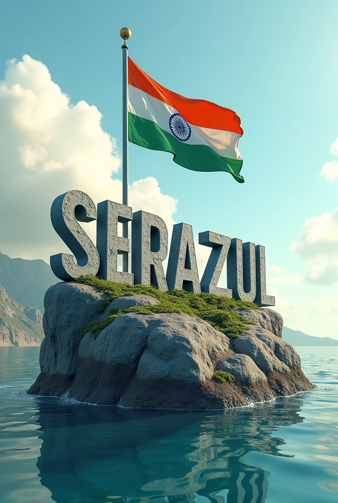 Name "SERAZUL" real 3D sea Island background with big Indian flag, stone text capital big aroplane, stone peal. stylish in front 3D rendering, typography, 3d render, poster, fashion