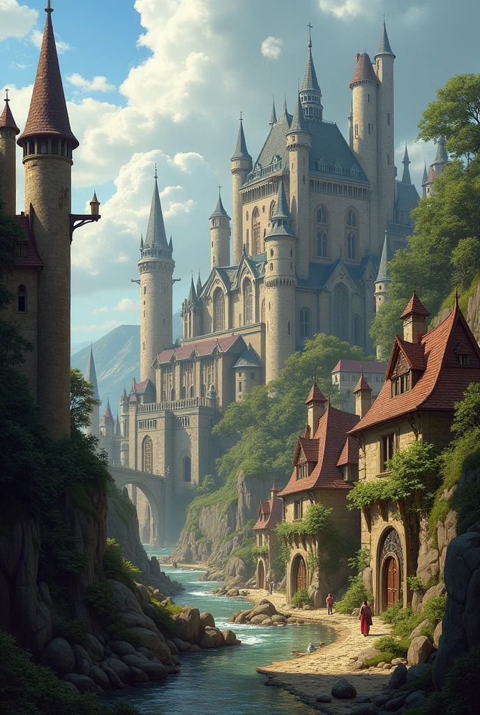 There are paintings of cities with castles in the background, fantasy medieval cities, fantasy scenes of cities destroyed by dragon attacks, grand fantasy of Rivendell, surreal mechanical villages, dark fantasy paintings, medieval villages, battlefield environments.