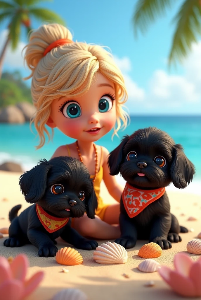 cute adorable 2 black shih tzu puppies, cute blonde girl, extremely detailed, big blue eyes, wearing colorful collar and bandana, collecting bright colorful shells, 3D Pixar style, at beach, photorealistic, (best quality,8k,highres,masterpiece:1.2),ultra-detailed,(realistic:1.37),HDR,vivid colors,studio lighting