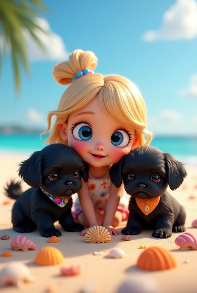 cute adorable 2 black shih tzu puppies, cute blonde girl, extremely detailed, big blue eyes, wearing colorful collar and bandana, collecting bright colorful shells, 3D Pixar style, at beach, photorealistic, (best quality,8k,highres,masterpiece:1.2),ultra-detailed,(realistic:1.37),HDR,vivid colors,studio lighting