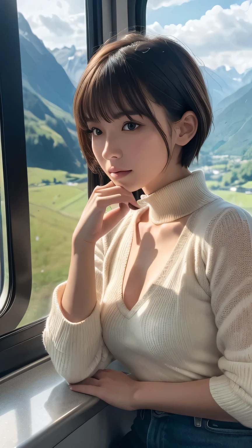 (Ultra-realistic), (figure), (High resolution), (8k), (Very detailed), (Best figure), (Beautiful and detailed), (Highest quality), (Super detailed), (masterpiece), (wallpaper), (Detailed face), alone, One Girl, watching viewer, Trendy clothes,Less exposure、Fine details, Detailed face, In the Dark, Deep Shadow, Modest, Pure Face Ace_v1, cool, short hair, Pointed diagonal bangs,on the train、Looking out the window、Beautiful Swiss landscapes