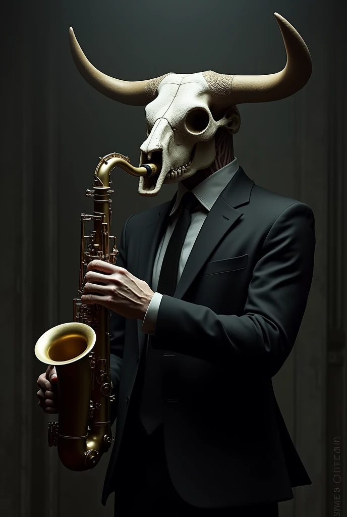 Generates a person in a black suit with a bull skull head playing a saxophone