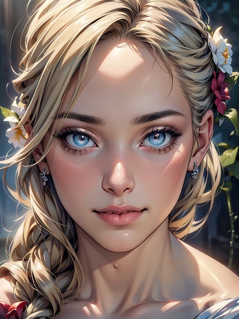 (top quality,4K,8 K,a high resolution,masterpiece:1.2),super detailed,(realistic,photorealistic,photo-realistic:1.37),detailed and beautiful eyes,thick and beautiful lips,very detailed eyes and face,long eyelashes,[USA, bright colors,soft natural light,romantic atmosphere,bright flowers, flowy dress,feminine and elegant pose,Happy and confident look, Haute Couture Style, Dreamy landscapes, Artistic portrait, quality of art printing, oil painting techniques, impressionistic style.