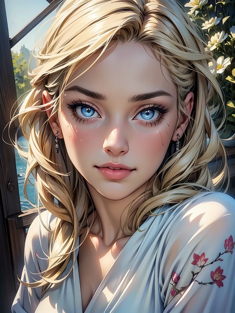 (top quality,4K,8 K,a high resolution,masterpiece:1.2),super detailed,(realistic,photorealistic,photo-realistic:1.37),detailed and beautiful eyes,thick and beautiful lips,very detailed eyes and face,long eyelashes,[USA, bright colors,soft natural light,romantic atmosphere,bright flowers, flowy dress,feminine and elegant pose,Happy and confident look, Haute Couture Style, Dreamy landscapes, Artistic portrait, quality of art printing, oil painting techniques, impressionistic style.