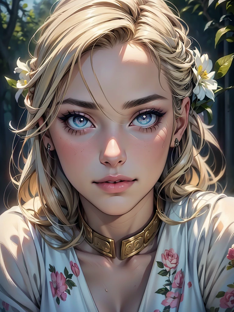 (top quality,4K,8 K,a high resolution,masterpiece:1.2),super detailed,(realistic,photorealistic,photo-realistic:1.37),detailed and beautiful eyes,thick and beautiful lips,very detailed eyes and face,long eyelashes,[USA, bright colors,soft natural light,romantic atmosphere,bright flowers, flowy dress,feminine and elegant pose,Happy and confident look, Haute Couture Style, Dreamy landscapes, Artistic portrait, quality of art printing, oil painting techniques, impressionistic style.