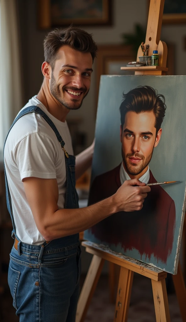 photorealistic, best quality, masterpiece, extremely detailed, extremely handsome, 25 year old man, huge smile, looking at camera, he is painting an unfinished portrait of another man wearing jeans and tshirt, in personal art studio, extremely romantic atmosphere, perfect face, perfect fingers, perfect hands, perfection