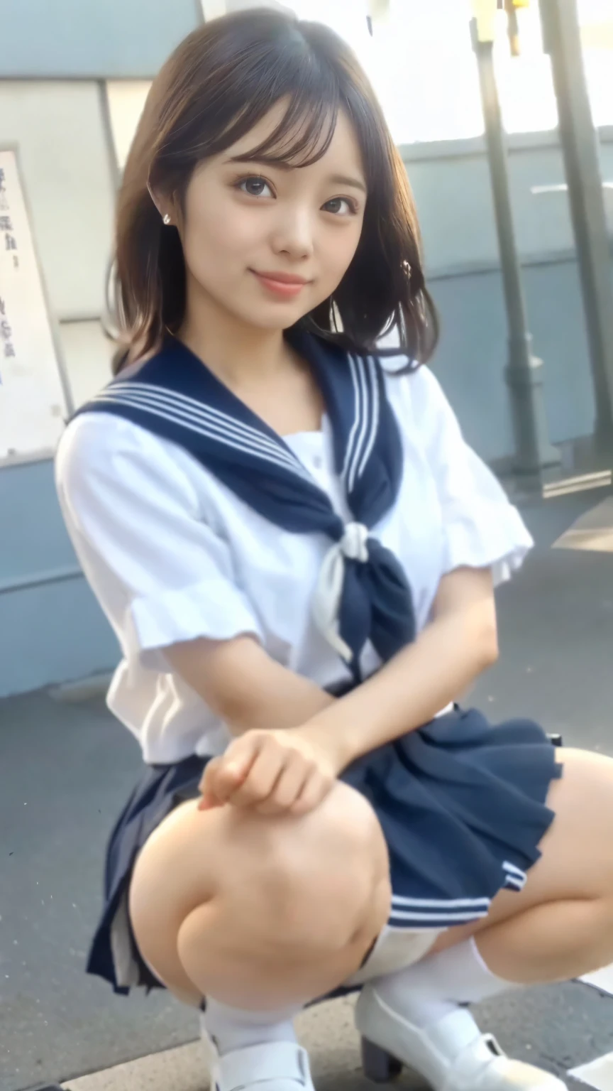 (Realistic, photo Realistic:1.2), ((Highest quality)), moving her center of gravity back, Quite embarrassing, White panties, (Showing panties:1.4),Tight Skirt, (Under the skirt:1.3), (Lift up your skirt:1.3), (squat:1.4), Put your heels on the ground, Spread your legs a little, 膝を上げてsquat, Put your butt on the ground, black penny loafers, Beautiful face details, Real human skin, Gentle expression, Front view, angle From below, Realistic, photoRealistic, cute, Short skirt, squat deep on school grounds, cute school girl, ((Japanese school girl uniform, Sailor suit)), whole body,Smile, Natural smile, Charming smile, Captivating smile, (View your viewers:1.2), from the front, From below,