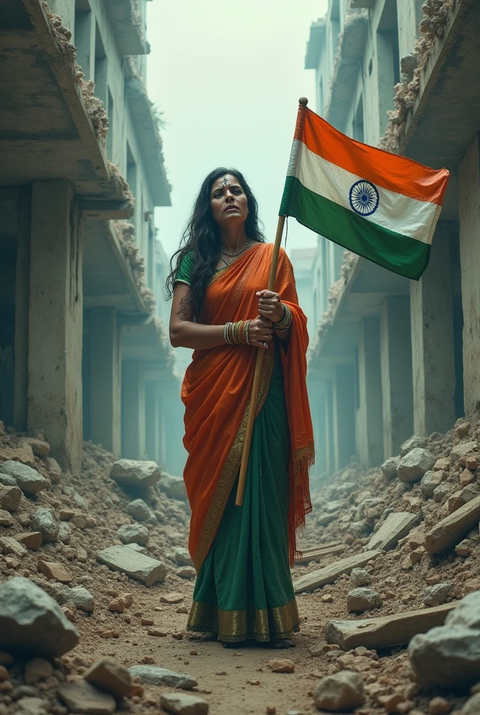 alone and bruised Bharat mata or woman with tiranga in a demolished hospital on 🇮🇳 independence day