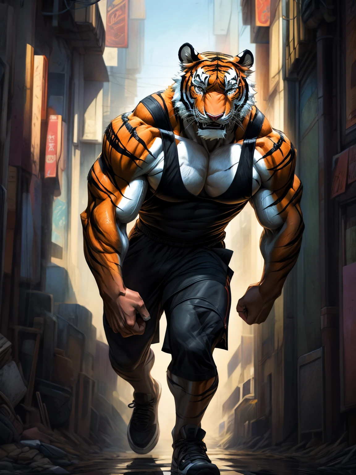 ((best quality)), ((ultradetailed)), ((masterpiece)), illustration, theme: animal mafia, animal: yak, build: robust, holding: baseball bat, wearing: gold necklace, clothing: topless with animal mafia tattoo, posture: combat stance, expression: fierce, scene elements: abandoned warehouse, viewpoint: third person, background: dark and gritty atmosphere, resolution: 4K.