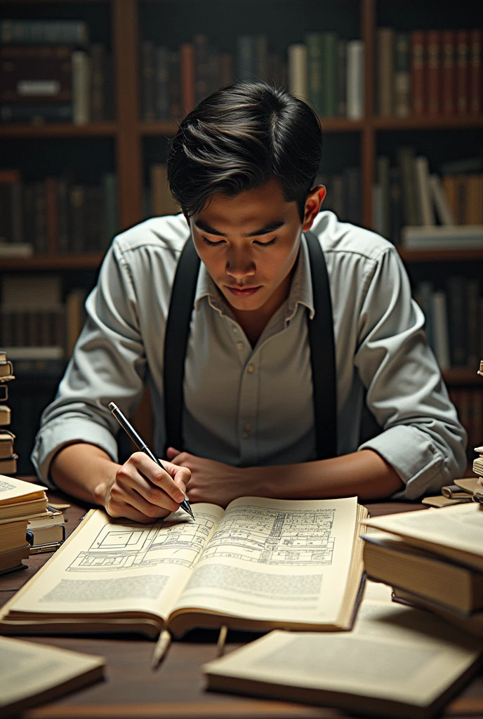 A young  man is studying geographical  engineering mathematical  books are surrounding .