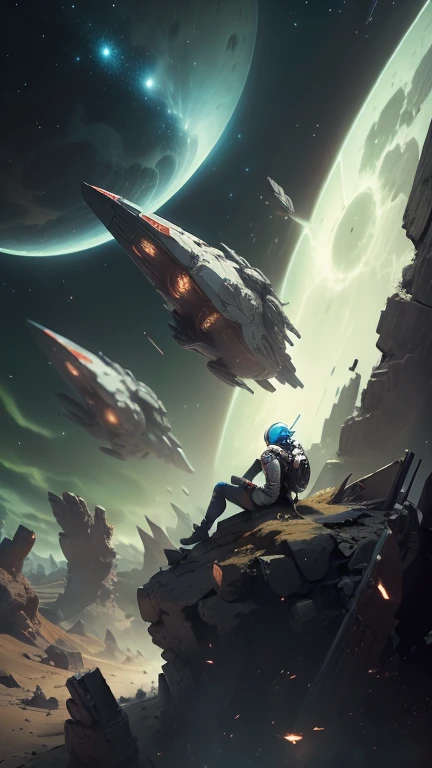 Fantasy,On a different planet,A massive and beautiful spaceship stands still.,The spaceship is broken,Outside the spacecraft, A beautiful female astronaut is making repairs,Flat Chest,Young face,Young body,There are a lot of wrecked spaceships,Expansiveness,Great details,Cinema Lenses,Wide-angle composition,Hazy,starry skies,Indian mythology,laser,Aurora,Shattered rocks fly everywhere.