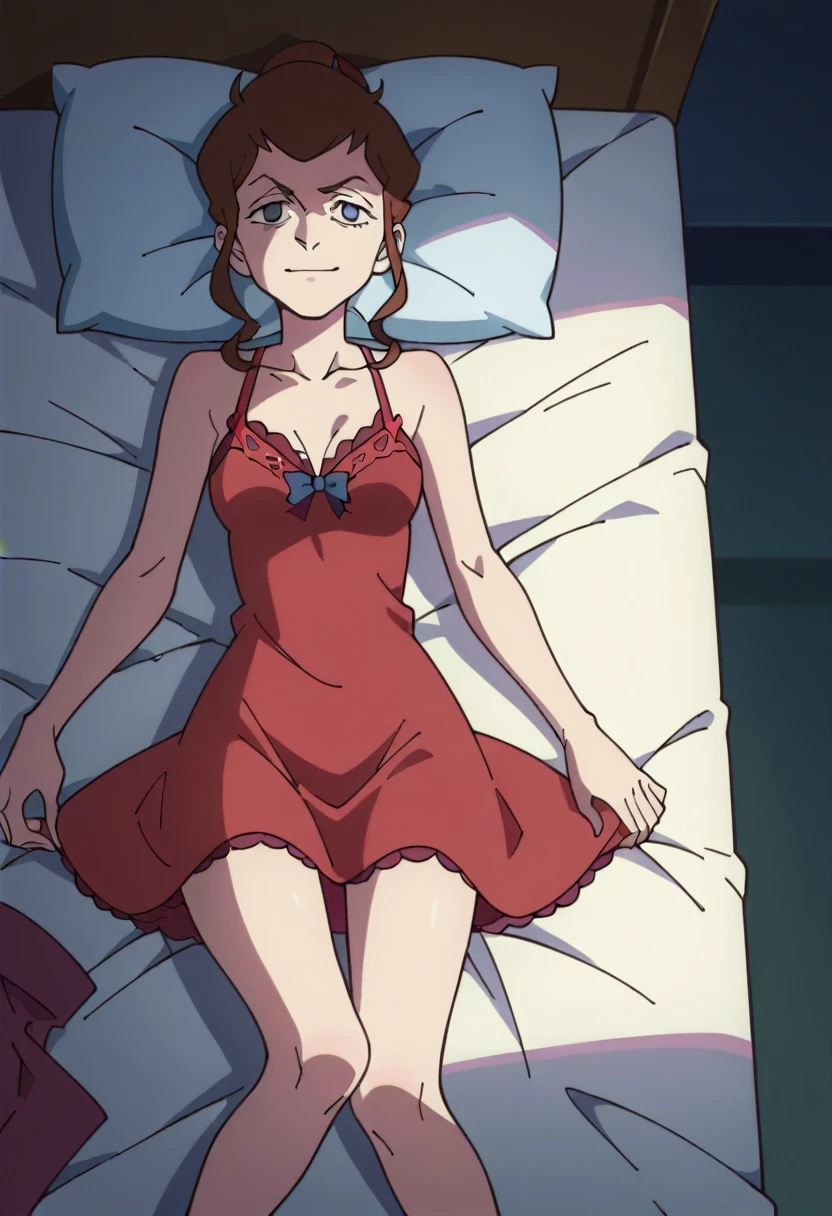 score_8_up, score_7_up, anime screencap, perfection, Anne Finnelan, 1 girl, solo, red lace nightie, from above, on bed, night, moonlight, light smile, bare legs, bare shoulders, long brown hair,