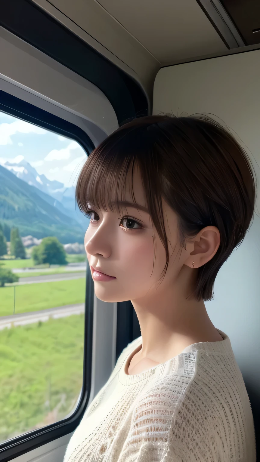 (Ultra-realistic), (figure), (High resolution), (8k), (Very detailed), (Best figure), (Beautiful and detailed), (Highest quality), (Super detailed), (masterpiece), (wallpaper), (Detailed face), alone, One Girl, watching viewer, Trendy clothes,Less exposure、Fine details, Detailed face, In the Dark, Deep Shadow, Modest, Pure Erotic Face Ace_v1, cool, short hair, Pointed diagonal bangs,on the train、Looking out the window、Beautiful Swiss landscapes