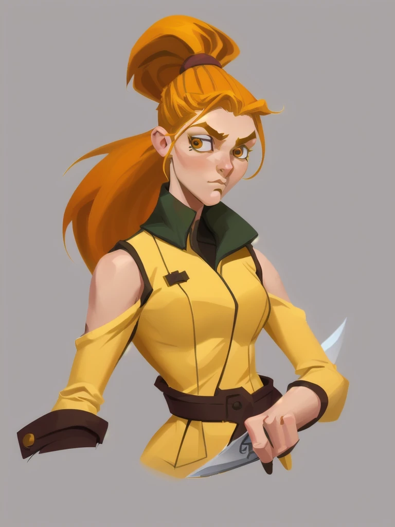 concept art, European and American comics, game character design, RPG Fantasy Game Characters, solo, 20-year-old European woman, red hair, long hair, ponytail (((battle suit made of yellow cloth))),white background, strong-looking eyes, Brown eyebrows, black eyes, Holding a knife, Thin shoulder pads with orange check pattern, black eye, Focused on the upper body, Make your face look bigger,((Draw only up to the waistline))), (((Zoom in so the face is clearly visible))), (((Focused on the upper body))), Brown Melon Belt,