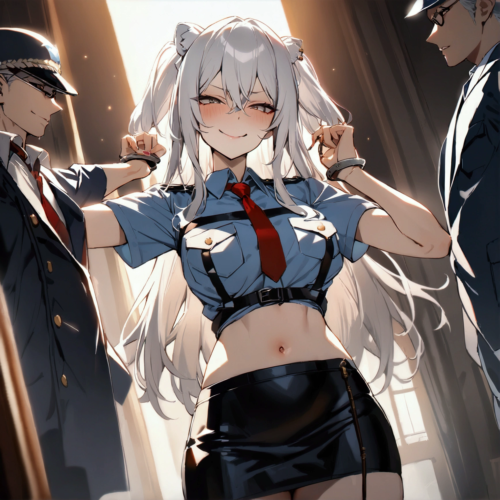 NSFW,masterpiece,Highest quality,High resolution,Super detailed,Shishirabotan\(Ho****ve\),Long Hair、Two Side Up,(((police costume))),navel,pencil skirt,evil smile,hanging handcuffs,standing