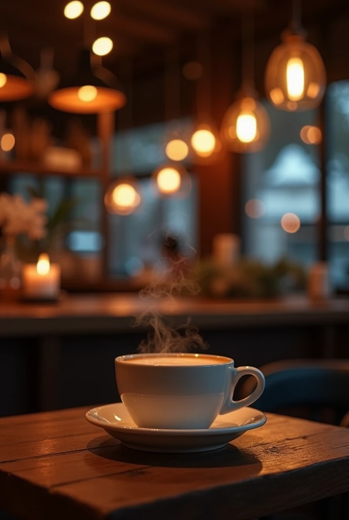 "Everyday English" logo with a modern, sleek, and professional design, set against a backdrop of a cozy coffee shop at night, evoking a warm and inviting atmosphere. Capturing the scene with a DSLR camera, using low aperture settings for a shallow depth of field.
