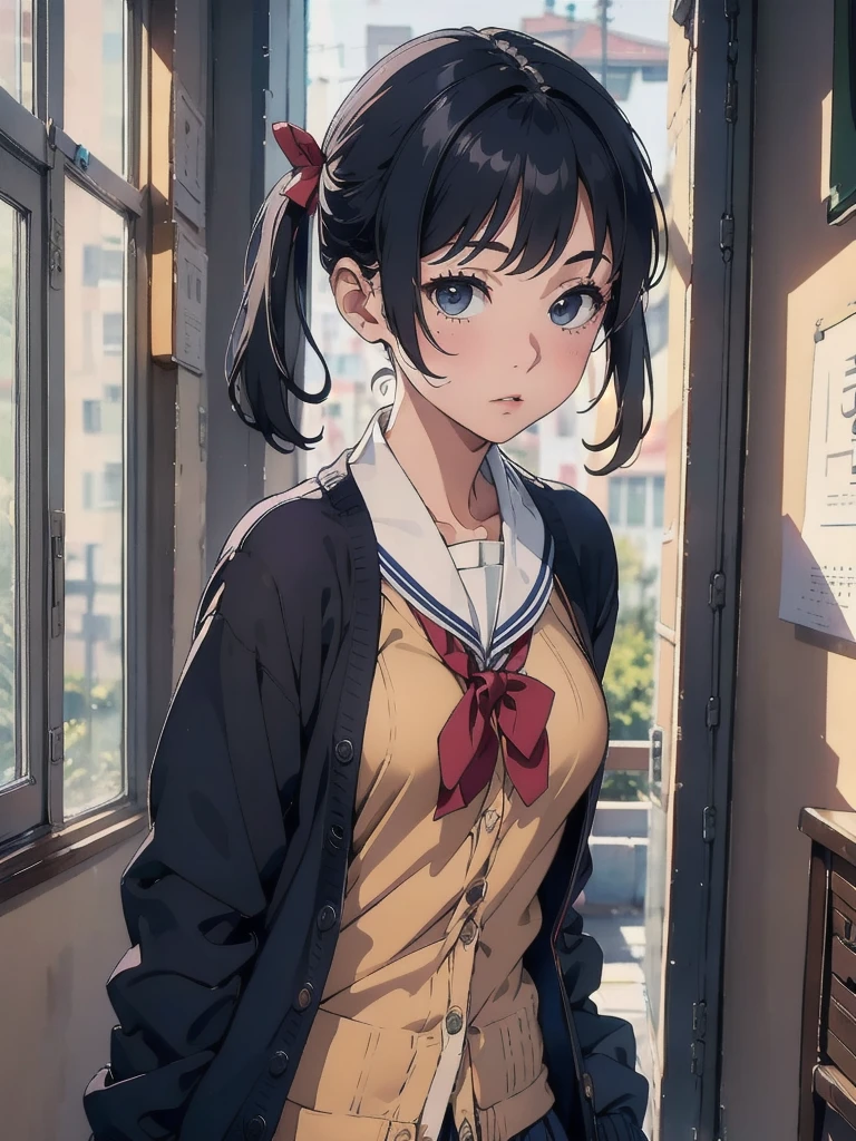 (8k, RAW Photos, Highest quality, masterpiece: 1.2), (Realistic: 1.3)、(solo:1.2)、She is wearing a sailor uniform and a cardigan.、Open cardigan、Navy blue FW, Black hair pigtails