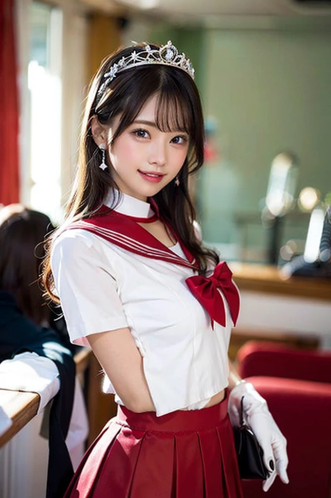 (Highest quality、masterpiece、8k、Best image quality、Hyperrealism、Award-winning works)、(alone:1.1)、(1 photo:1.1)、(Cute girly-wave hair:1.1)、(Low length:1.1)、(Big Breasts:1.1)、cute heart-shaped decorations、Accentuate your body lines、Slender body、Standing Elegantly、(pastel-colored girly and luxurious room background:1.1)、(Luxurious lolita room with Blurred Background:1.1)、(Cute girly curtains in pastel colors:1.1)、(very bright and vivid:1.2)、(Cute girly wall decoration in pastel colors:1.1)、Blurred Background、Full body photo of a woman standing gracefully、Accurate anatomy、Perfect Makeup、Long eyelashes、Glossy Lips、Ultra HD glossy skin、(Ultra-high definition, bright and beautiful skin:1.2)、超高精細のGlossy Lips、Ultra-high definition beautiful teeth((Same 1, tiara, Sailor Warrior Uniform, White gloves, Red Sailor Collar, Red Skirt)),City of night,White gloves,Purple ribbon,Purple eyes, (Magical World,fire),High heels,
