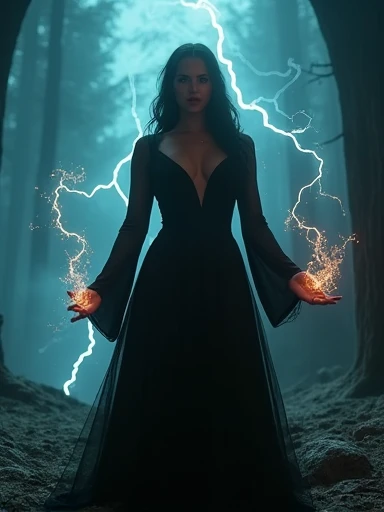 (A gorgeous 23-year-old Italian woman,cleavage,curvy body,ancient dark magic priestess,gothic,horror movie,spooky scene,hyperrealistic,photorealistic,best quality,8k,ultra-detailed,vivid colors,dramatic lighting,chiaroscuro,moody,cinematic)ethereal. Glowing energy. Lightning.