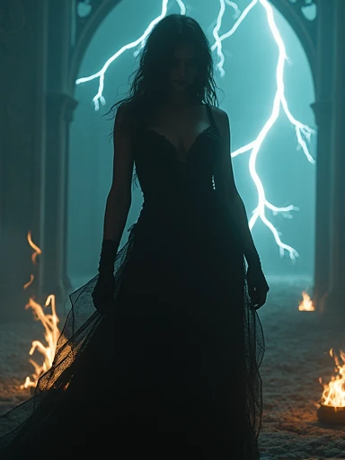 (A gorgeous 23-year-old Italian woman,cleavage,curvy body,ancient dark magic priestess,gothic,horror movie,spooky scene,hyperrealistic,photorealistic,best quality,8k,ultra-detailed,vivid colors,dramatic lighting,chiaroscuro,moody,cinematic)ethereal. Glowing energy. Lightning.