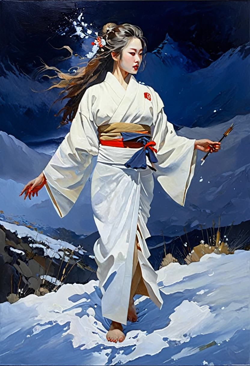 in snow mountains, The weather in the mountains is a blizzard、A painting of a monster with long hair and a baby in its arms、Wearing a white kimono、Holding a baby、A painting of a female demon with a beautiful face、A painting of a female demon directing your path、darkness、wind and snow、dark sky, Low light、snow、A beautiful female demon appears in the snowstorm and kills people who get lost.、Black mountain range background、Night mountain background、intricate and intense Oil paints, Abstract Painting, intricate Oil paintsing artwork, Vadim Kashin、Realistic, gives the viewer a detailed impact, a portrait painted with oil paint, , intricate and wet Oil paints, Oil paints, New art beyond dimensions, ryan hewett、bichu、oil paintin、A three-dimensional painting、super masterpiece、Ultra high definition、vivid colors、