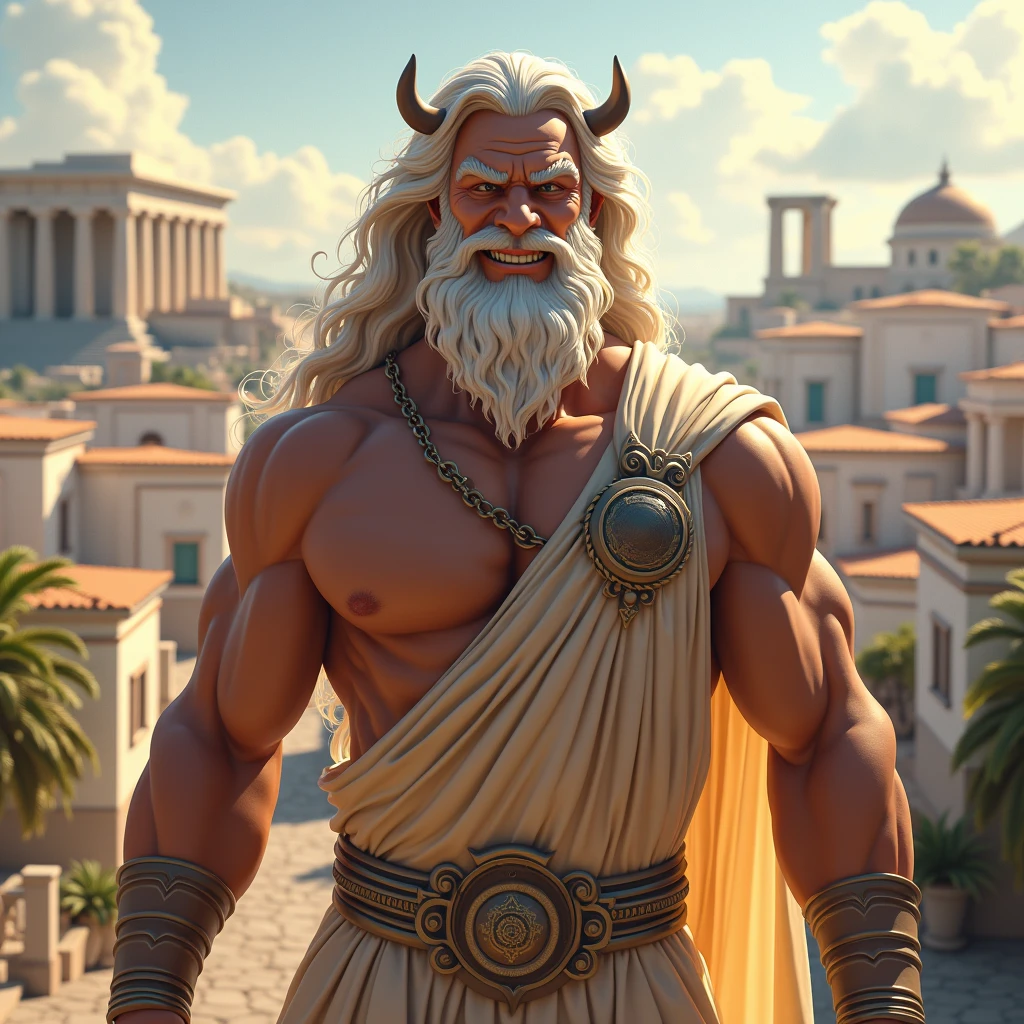 the god zeus, with a naughty smile, and with a Greek-style city in the background.  