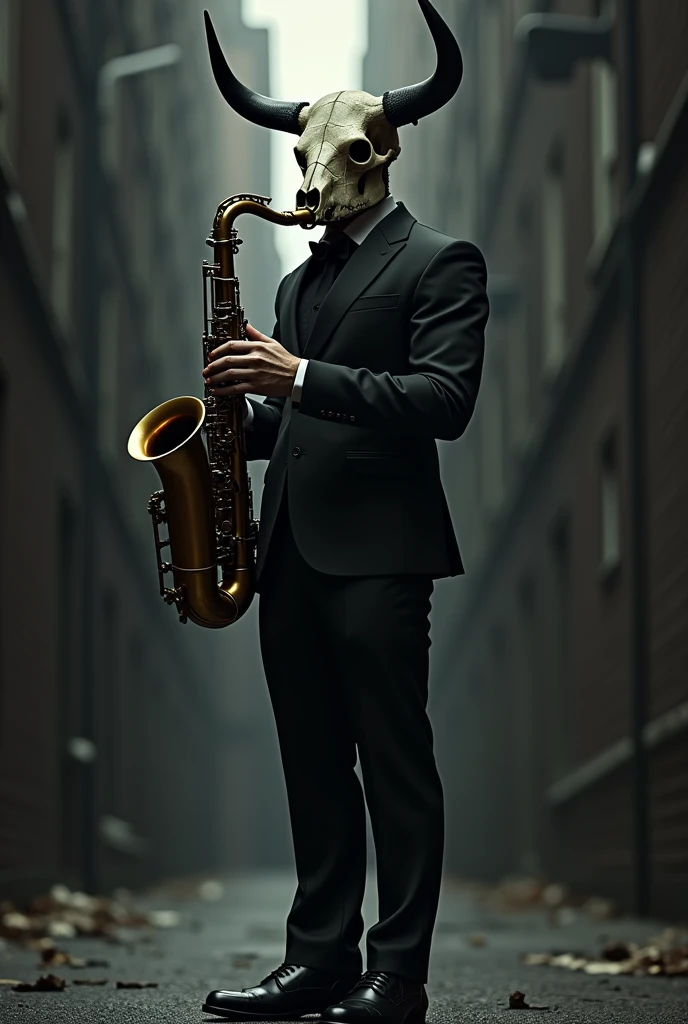 Generates a person in a black suit with a bull skull head playing a saxophone 