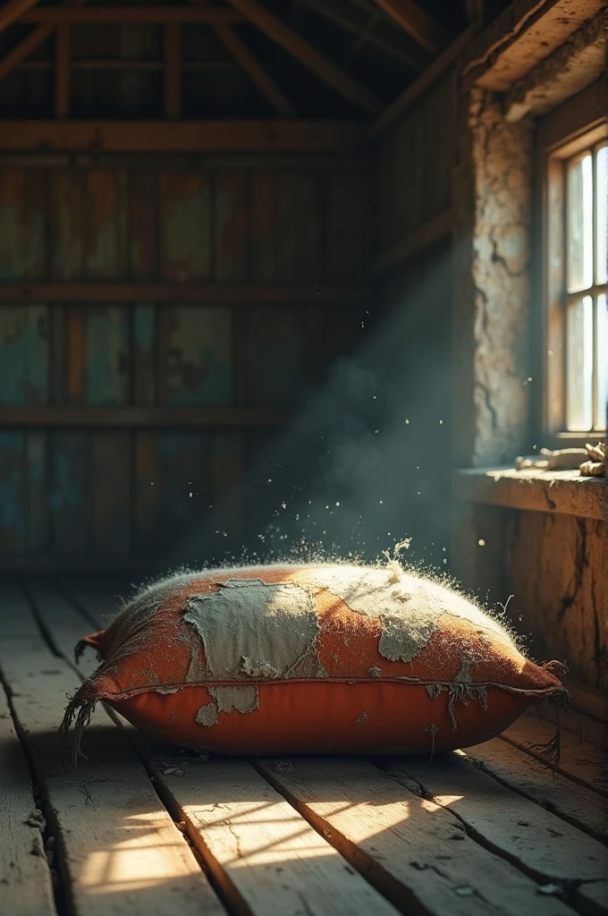 An old pillow lying on the floor of an old hut