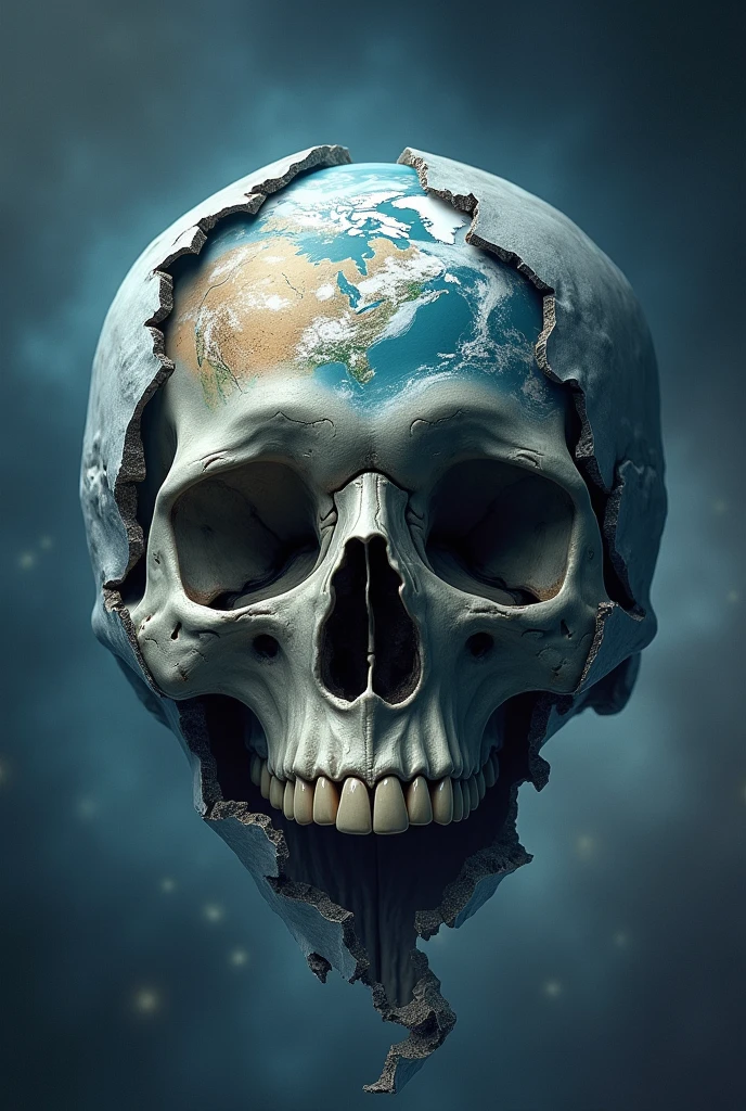 At the center of the image, The planet Earth, Drawn, avec les mers en bleu clair et les continents en bleu foncé.
Mais celle ci est déchirée, comme ci on y décollait une croûte de peau. Cette partie déchirée forme un arc de cercle qui part du mileu du côté droit de la terre, descends a little below the center and then goes up along the entire left side until a point located at the North Pole.
Almost the entire upper part of the planet seems to have been torn off, and in its place we see the top of a skull, from front shot, qui adopte vraiment la forme de la planète, et est visible aux deux tiers. Le crâne est sous la couche représentée par les oceans et les terress. The two eye sockets, and that of the nose protrudes from the torn pieces of planet Earth.
The background of the image is dark blue and tends towards light blue, le gris clair et le blanc, au fur et à mesure qu'on se rapproche du centre et donc du dessin de la planète.
Le dessin de la planète prend environ la moitié de l'image, Well centered in its center.