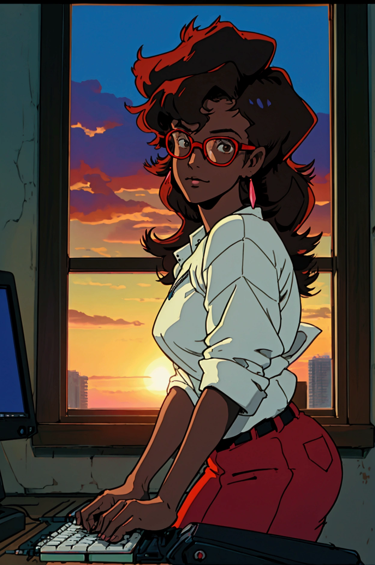 cowboy bebop, black female character, dark skinned, black girl, 30, long hair, brown eyes, blue light, wearing Ralph lauren, typing at a computer, red glasses, programmer, gamer, panoramic window view of miami, sunset, luxury decor