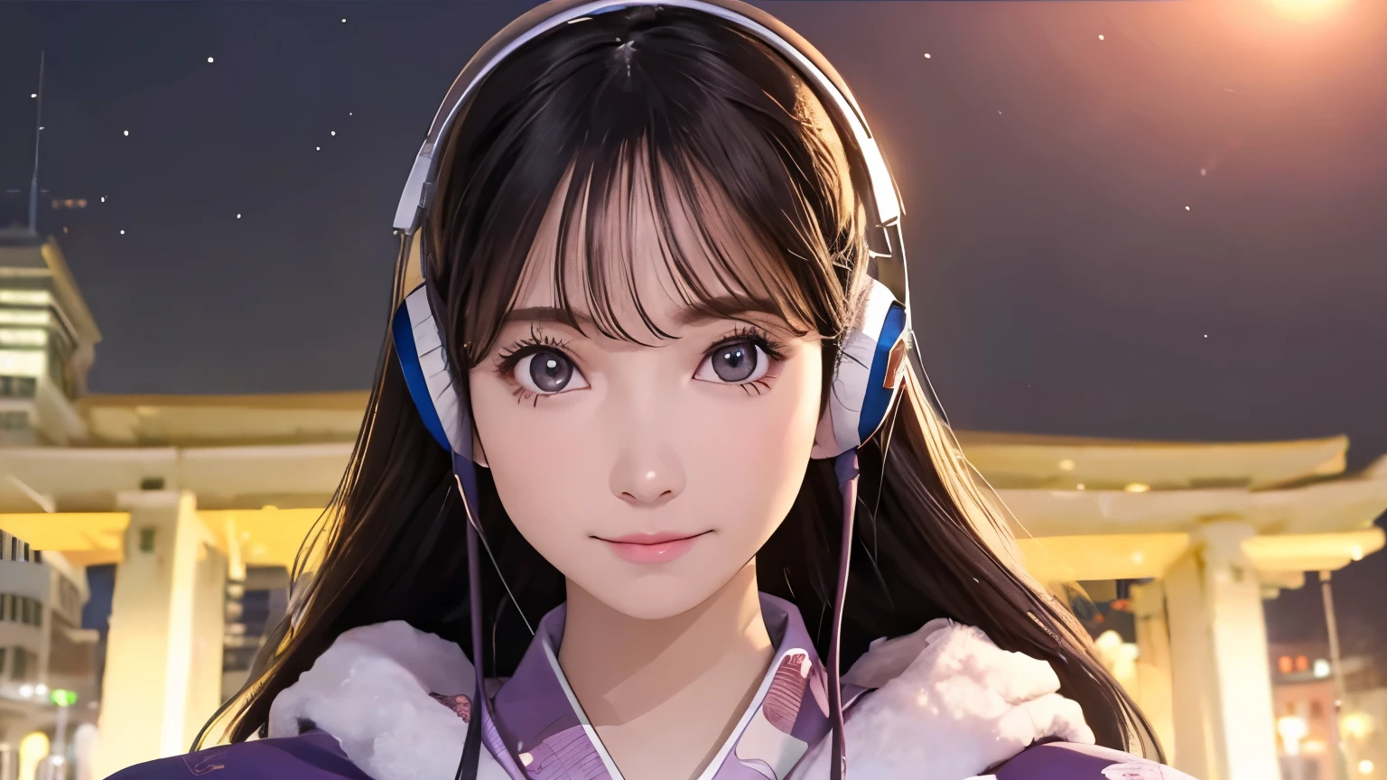 (Logo, masterpiece, 8K, table top, RAW photo, amazing, top quality, photorealistic and highly detailed CG composite 8K wallpaper, high quality, highly detailed, narrative poetry, particle effects, dynamic effects, depth of borders, cinematic light, lens flare, ray tracing), (1 beautiful woman in yukata, white yukata, light purple pattern), (headphones, wearing headphones), with black hair, high-resolution skin, very fine, fine-textured skin, beautiful face, real face, beautiful detail in eyes, real eyes, beautifully detailed eyes, real skin, beautiful skin, surreal, smiling eyes, Hair and Lights eyes, crisp, colourful lights and bokeh, plump lower lip, pink lips, Hair flutters in wind, hair bounces, great view, night, evening, wind, moon lights, lights