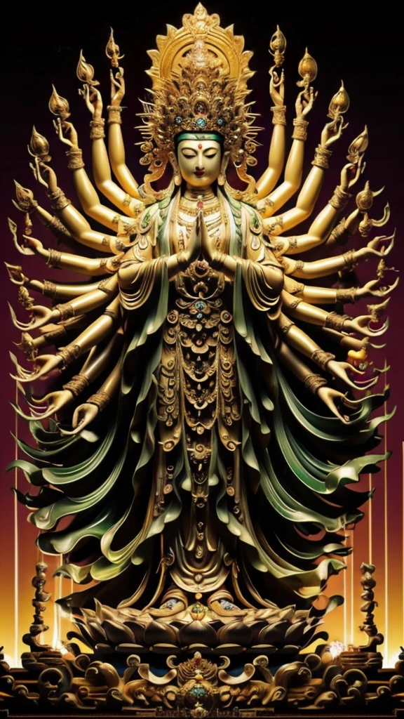  statue of guan yin made of jade and jewelry, crystal clear and shinning, beautyfull  face, multiple hands holding some treasure weapons , detailed hands,  floating red ruby lotus , full body, masterpieces, super detail, epic composition, ultra HD, high quality, extremely detailed, official art, unified 8k wallpaper, Super detail, Professional studio lightning, 