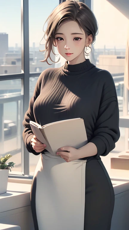 Light Color Palettes,medium front shot, digital art painting . dreaming fresh art style,a single alone female office lady, charming relaxing . reading book look at camera freshly green trees leaves swaying morning sunlight hyper ligting insane details background blurry focus on characte