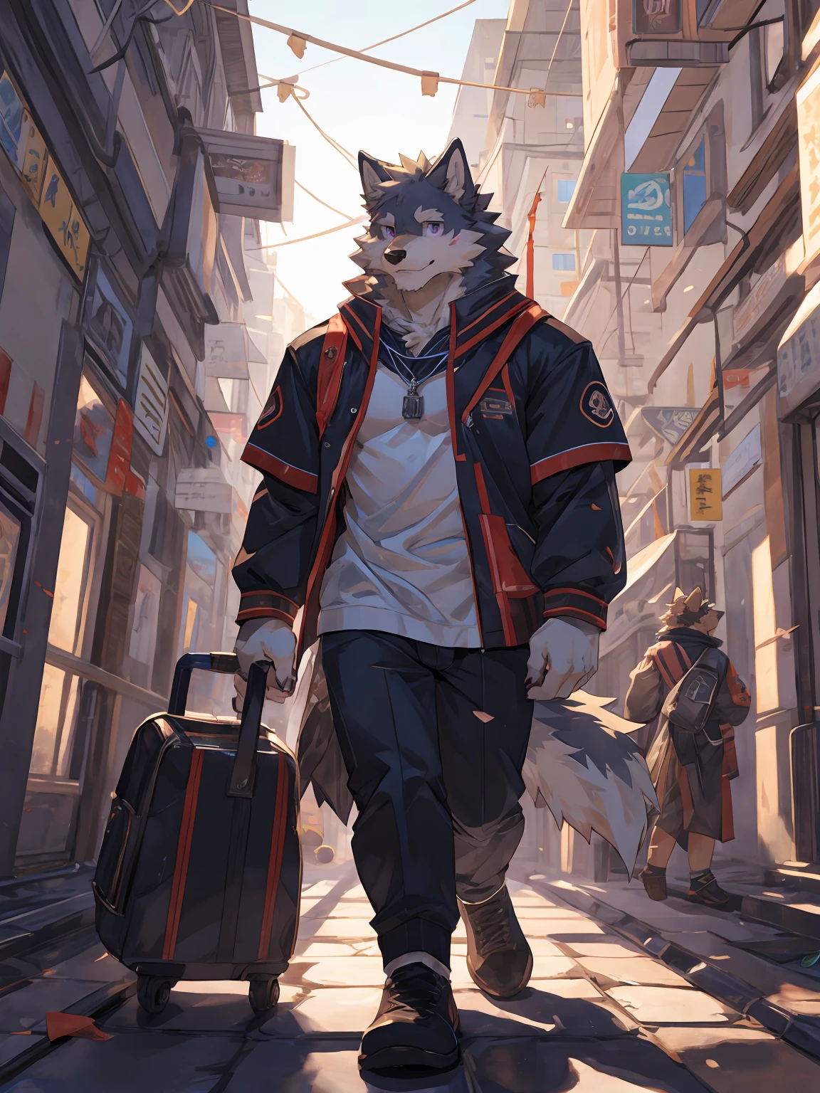 embedding:Single person, (black Wolf), Purple Eyes, (muscle发达的身体:0.60)，Perfect eyes, Handsome,Scars on face，university student，(whole body)(Casual wear),(Express), School Background,(close up),(Gentle eyes:1.3),side,(Wolf ears),(Wolf Tail),Perfect masterpiece,sunny，Walking on the road，(16K),Solitary(individual),((Strong)),(University scene),(daytime),Perfect proportion,(daytime的大学内:1.4),university student，(Keep your mouth shut，Walking on the road，happy，Relax:1.1),(medium distance:1.1)Strong,muscle,action,apparel，sit on the chair，Raised，Casual wear，kitsch，（daytime：1.1），more details，CG,Adult,The highest quality of scene detail，Best quality hands, best quality eye，detailed fur，Delicate eyes.Extreme picture quality，by sollyz,by zixiong,by milkytiger1145