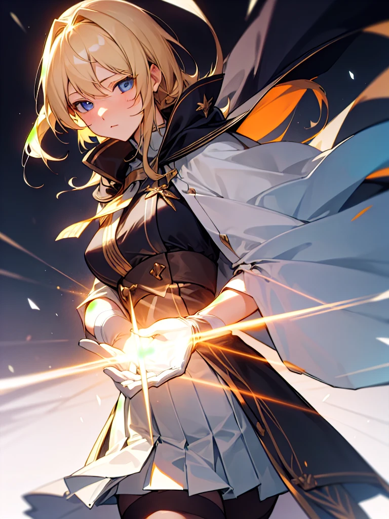 (Ultra extreme detailed),(Masterpiece),(Ultra extreme),(Realistic),CG,(color:1.2), Beautiful lighting,Light from the front,evaluation:Safety,alone, black,Blonde,length hair,blue eyes,white_gloves,garter_strap,absolute_ryouiki,Pleats_skirt,white_skirt,blackcolorストーキング,expensive_Heel,white shrite,length_sleeve,black_Cape,short_whiteいショートドレス,