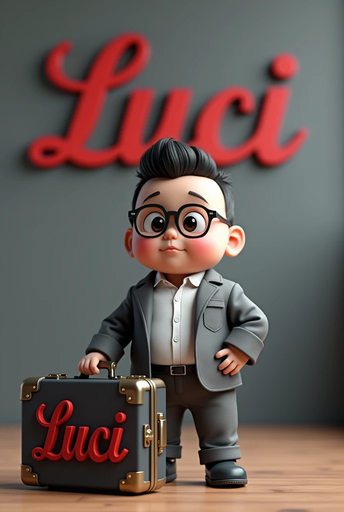 Create realistic 3rd image of chubby boy wearing mafia style and eye glasses and wearing mafia outfit grey and white combination on it.name in suitcase "SUMIYOSHI-KAI"3rd letter curve style on it. be careful to the spelling of each letter on it.and the background of grey wall and red letter 3rd
letter style name "Luci" be careful to the spelling of each letter on it