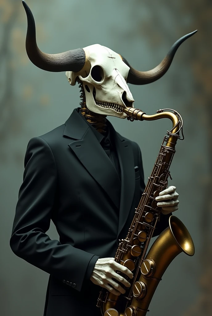 Generates a person in a black suit with a bull skull head playing a saxophone 