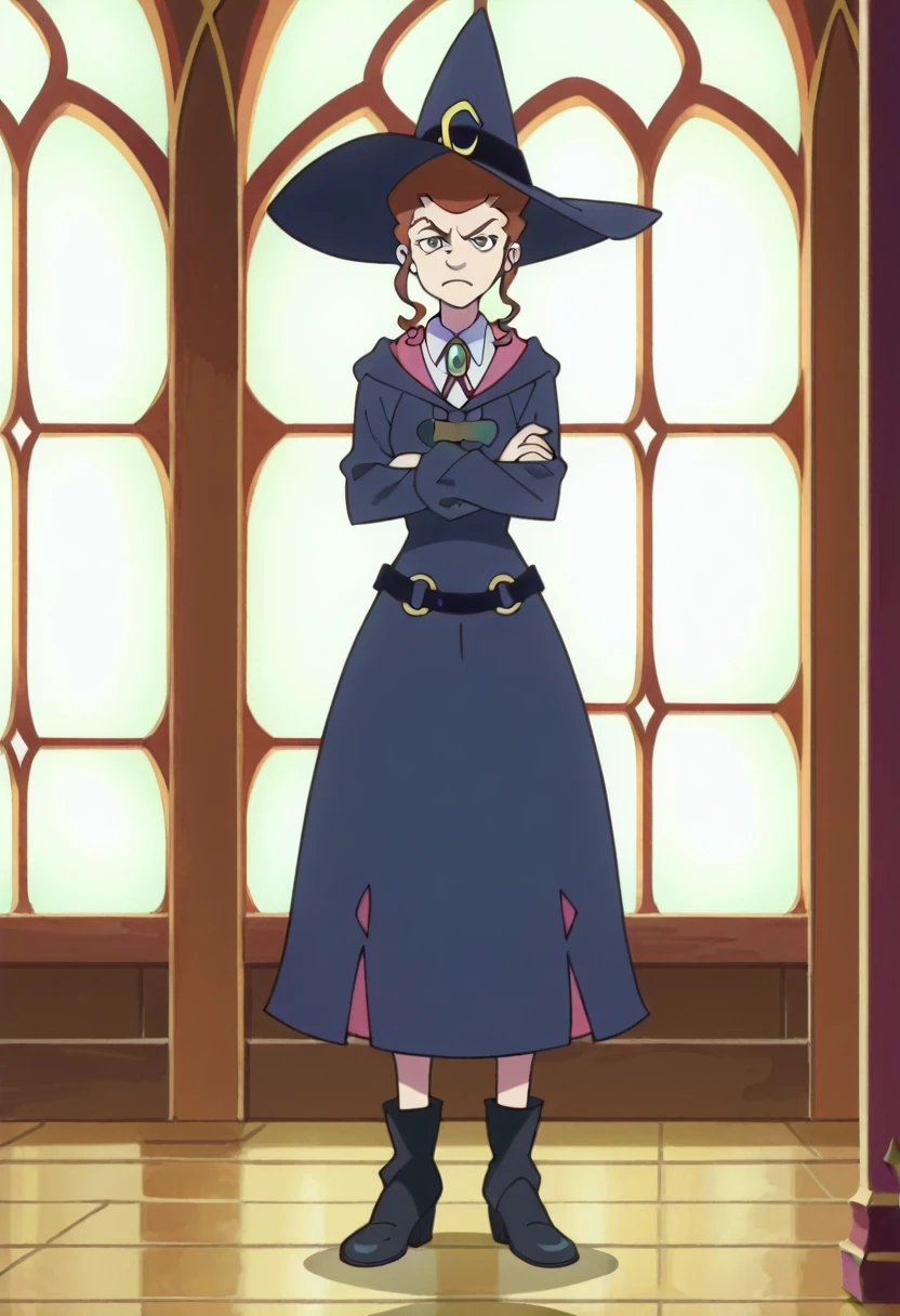 score_8_up, score_7_up, anime screencap, perfection, Anne Finnelan, solo, full body , witch uniform, crossed arms,
