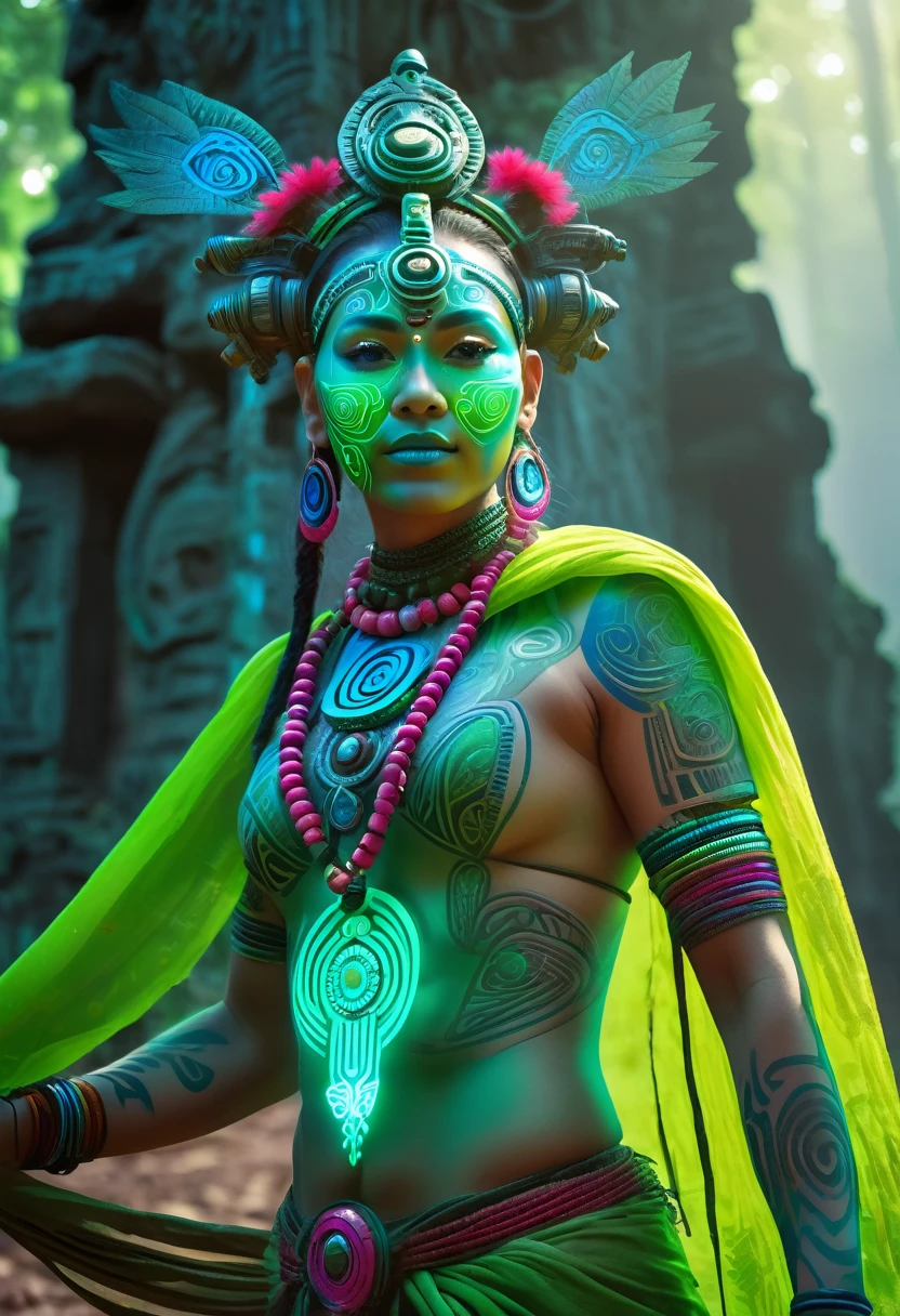 A high-resolution brightly lit photorealistic photograph of a cyberpunk tech wear shaman wearing shamanic ornaments and face mask tribals with tribal clothings and colourfull masks in uv green and blue with criptic signs glowing on the fabric standing by an ancient rain forest temple ruins glowing with criptic symbols of tribals and alienish paterns on the tree trunks glowing in uv red and pink  turquoise blue and green colours smog and misty fog in the atmosphere uv glowing blury lightings on the path way lighting the whole aura broken ruins of ancient goddess skulptor glowing in uv colours a ceremony of the tribes The photograph is styled like a high-end lifestle Movie hdr32 k this orignal image octate render unreal lightings, highly detailed , photo realistic , unreal engine 5, depth of view, add noise, Effet de vent：1.9，Effets de nuage：1.2，Rendu complet，Encaustic painting,flammes, epic, dawn, dramatic lighting, dim light, bokeh, The photograph has a light bright happy feel. Use a high-resolution 16k camera with a 2:3 aspect ratio, a raw style, and a quality setting of 2 to capture this vibrant scene . 32k, full ultra hd, high resolution, photorealistic, natural lighting, ultra realistic photo, high quality, HDR, high resolution, smooth and delicate skin, noble and elegant, ultra-realistic photography vibe, shot with Canon camera, intricate details, 32k --ar 16:9 --s 750 --v 6.1