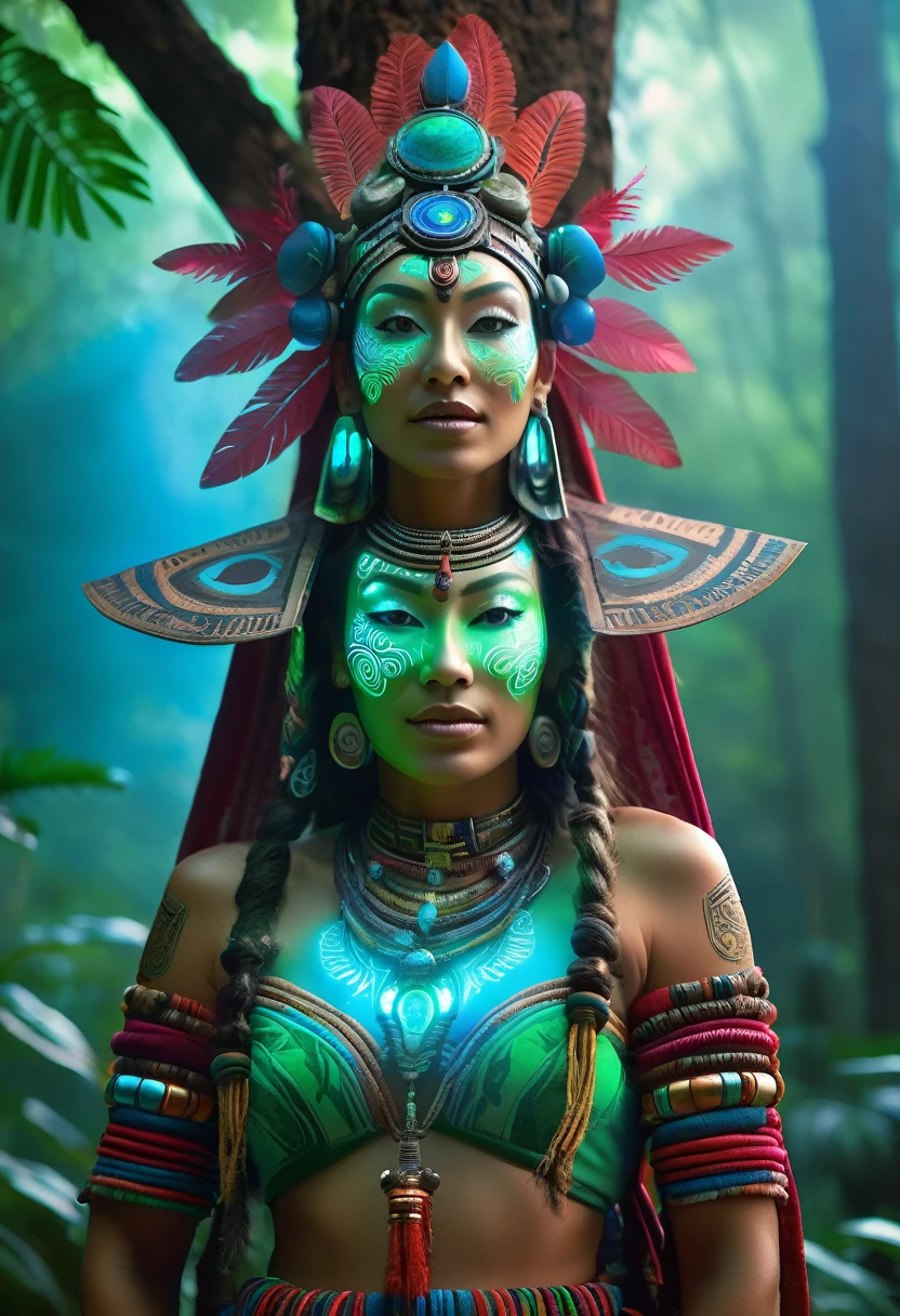 A high-resolution brightly lit photorealistic photograph of a cyberpunk tech wear shaman wearing shamanic ornaments and face mask tribals with tribal clothings and colourfull masks in uv green and blue with criptic signs glowing on the fabric standing by an ancient rain forest temple ruins glowing with criptic symbols of tribals and alienish paterns on the tree trunks glowing in uv red and pink turquoise blue and green colours smog and misty fog in the atmosphere uv glowing blury lightings on the path way lighting the whole aura broken ruins of ancient goddess skulptor glowing in uv colours a ceremony of the tribes The photograph is styled like a high-end lifestle Movie hdr32 k this orignal image octate render unreal lightings, highly detailed , photo realistic , unreal engine 5, depth of view, add noise, Effet de vent:1.9,Effets de nuage:1.2,Rendu complet,Encaustic painting,flammes, epic, dawn, dramatic lighting, dim light, bokeh, The photograph has a light bright happy feel. Use a high-resolution 16k camera with a 2:3 aspect ratio, a raw style, and a quality setting of 2 to capture this vibrant scene . 32k, full ultra hd, high resolution, photorealistic, natural lighting, ultra realistic photo, high quality, HDR, high resolution, smooth and delicate skin, noble and elegant, ultra-realistic photography vibe, shot with Canon camera, intricate details, 32k --ar 16:9 --s 750 --v 6.1