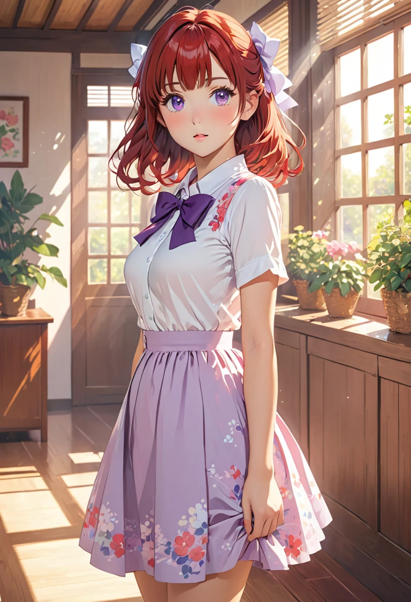 an anime style woman in a dress standing in sunlight looking to the right, 1girl, looking at viewer, solo, bow, indoors, hair bow, shirt, bangs, red hair, short sleeves, blush, purple eyes, breasts, skirt
