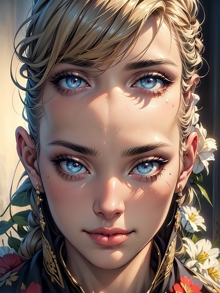 (top quality,4K,8 K,a high resolution,masterpiece:1.2),super detailed,(realistic,photorealistic,photo-realistic:1.37),detailed and beautiful eyes,thick and beautiful lips,very detailed eyes and face,long eyelashes,[USA, bright colors,soft natural light,romantic atmosphere,bright flowers, flowy dress,feminine and elegant pose,Happy and confident look, Haute Couture Style, Dreamy landscapes, Artistic portrait, quality of art printing, oil painting techniques, impressionistic style.