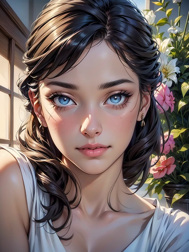 (top quality,4K,8 K,a high resolution,masterpiece:1.2),super detailed,(realistic,photorealistic,photo-realistic:1.37),detailed and beautiful eyes,thick and beautiful lips,very detailed eyes and face,long eyelashes,[USA, bright colors,soft natural light,romantic atmosphere,bright flowers, flowy dress,feminine and elegant pose,Happy and confident look, Haute Couture Style, Dreamy landscapes, Artistic portrait, quality of art printing, oil painting techniques, impressionistic style.