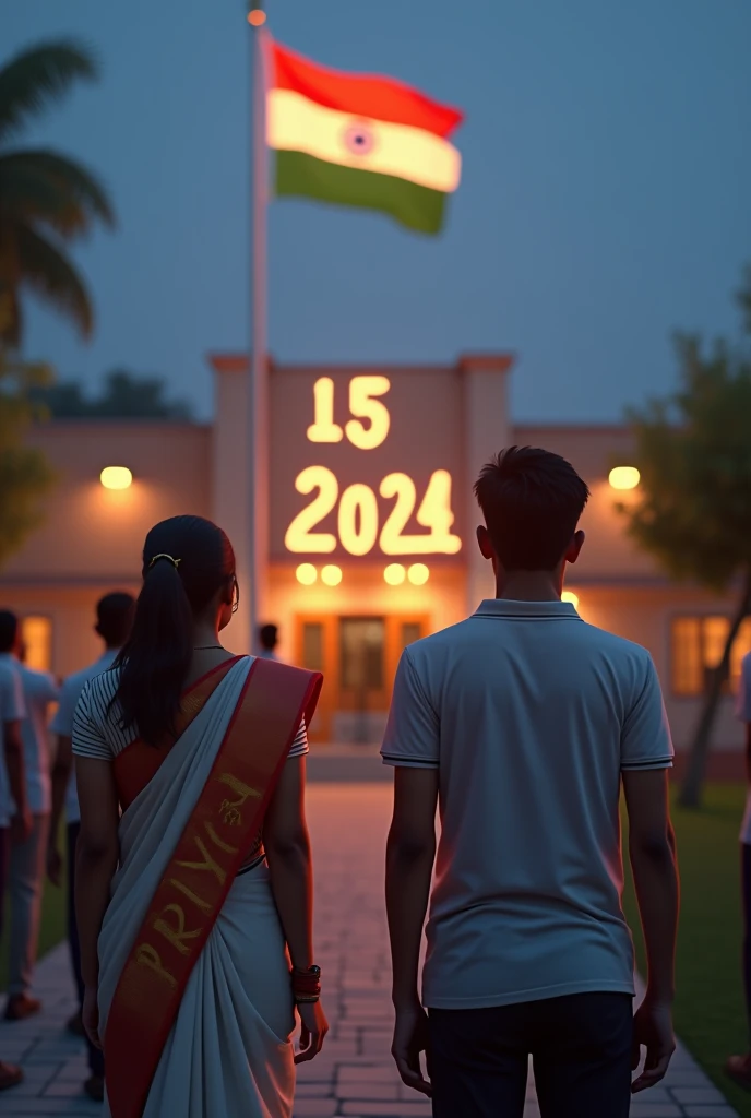 In a college campus, 20-year-old Soma (spelled S-O-M-A) leads a group of students in saluting the national flag as it's being hoisted. Priya is wearing a crisp white saree with a tricolor border. Her blouse has "PRIYA" printed in elegant gold letters. The college building behind is adorned with lights forming "15th August 2024". 4K image.