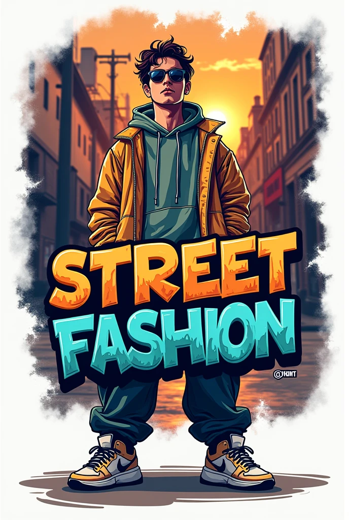 Create a logo design for a streetwear clothing store named STREET FASHION with a graffiti font and an animated background of someone wearing baggy clothes.